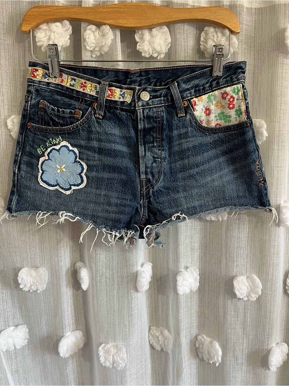 Levi's Dark Blue Denim Cutoff Shorts with Floral Patchwork
